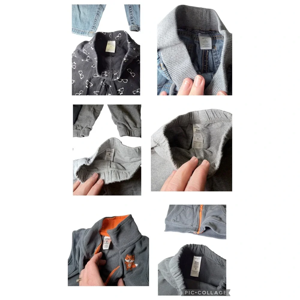 Carter's Baby Boy 9M Vest Pants‎ Jeans 6pc Lot Gray Black Blue Fox Glasses Print
